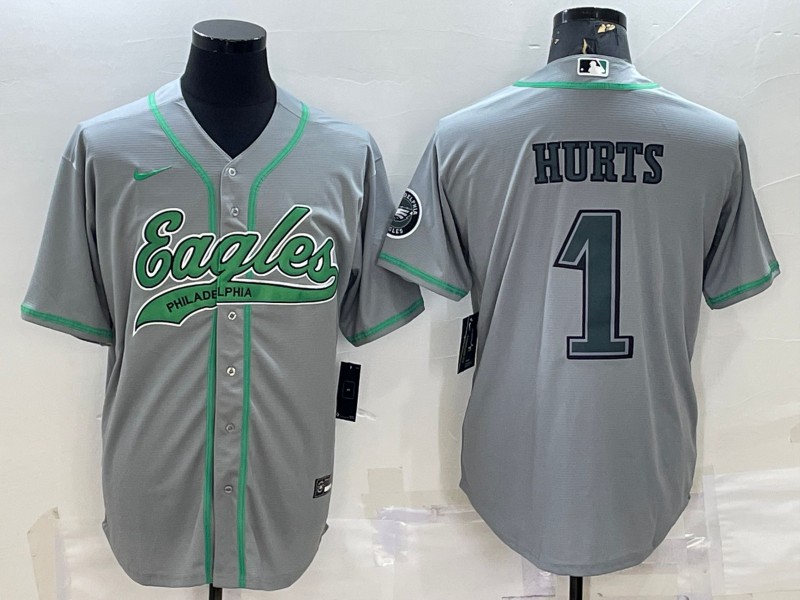 Men's Philadelphia Eagles #1 Jalen Hurts Gray With Patch Cool Base Stitched Baseball Jersey